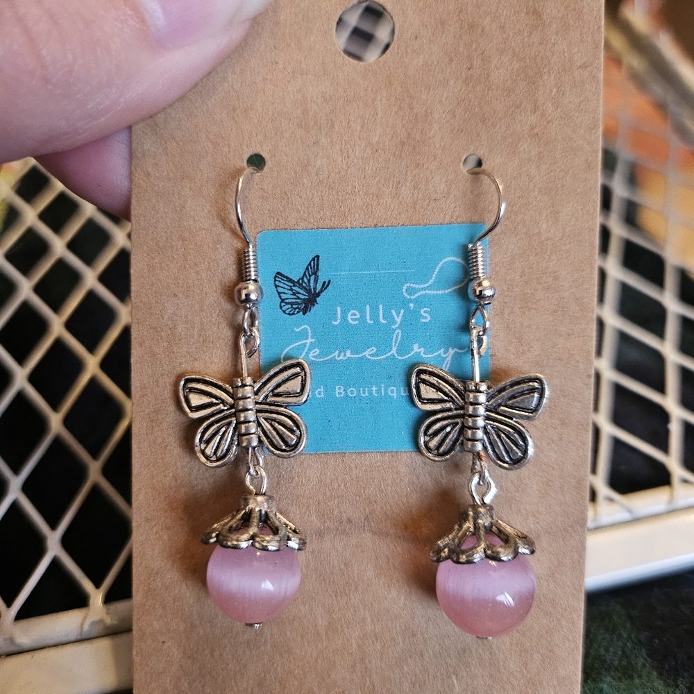 Jelly's Jewelry and Boutique Handcrafted Silver(Metal)& Pink Butterfly Earring